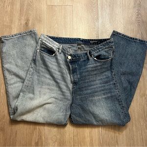Two colored jeans with criss cross waistband